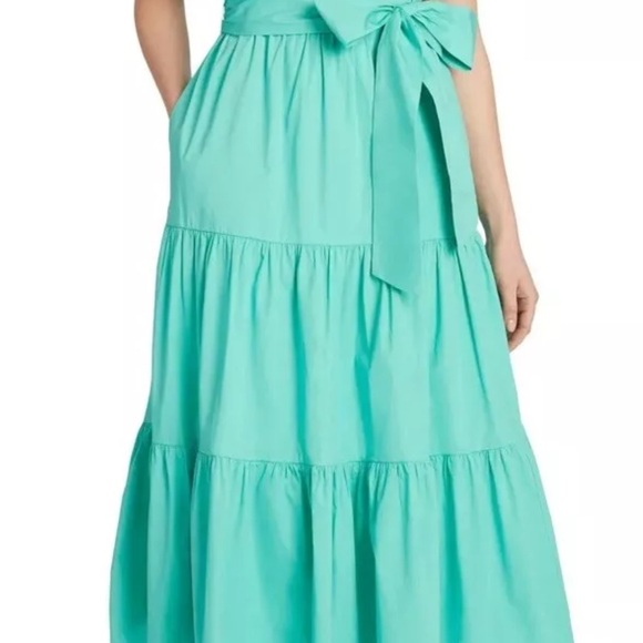 TAHARI Turquoise Tiered Pleated Stretch Cotton Poplin Tie Back Belt Maxi Dress - Picture 10 of 11